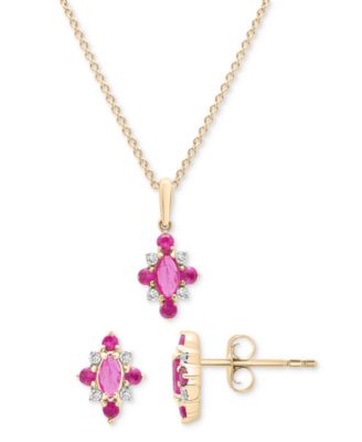 Macy's - 2-Pc. Ruby (3/4 ct. t.w.) & Diamond (1/20 ct. t.w.) Cluster Earrings & Pendant Necklace Set in 14k Gold-Plated Sterling Silver