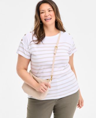 Style & Co - Plus Size Nautical Stripe Button-Trim T-Shirt