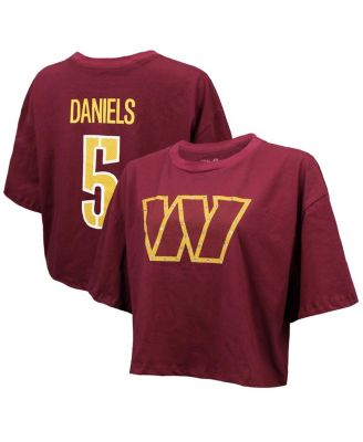 Majestic Threads - Women's Jayden Daniels Burgundy Washington Commanders Swarovski Crystals Boxy Cropped Name Number T-Shirt