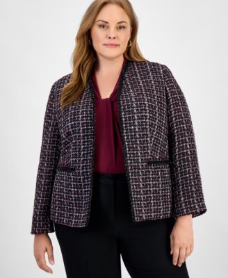 Kasper - Plus Size Tweed Collarless Open-Front Jacket