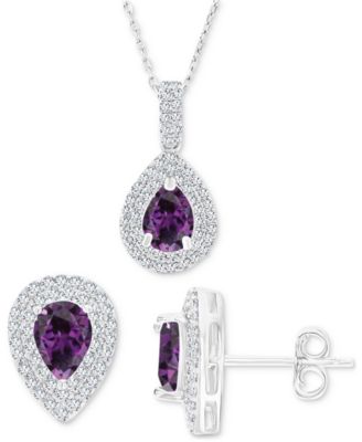 Macy's - Lab-Grown Alexandrite (2-5/8 ct. t.w.) & Lab-Grown White Sapphire (1 ct. t.w.) Teardrop Halo Pendant Necklace & Matching Stud Earrings in Sterling Silver