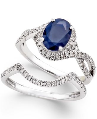 Macy's - Sapphire (1-1/2 ct. t.w.) and Diamond (3/8 ct. t.w.) Bridal Set of 2 Rings in 14k White Gold