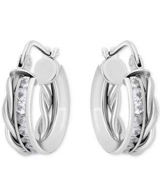 Giani Bernini - Cubic Zirconia Channel Set & Twist Double Row Small Hoop Earrings in Sterling Silver, 0.59"