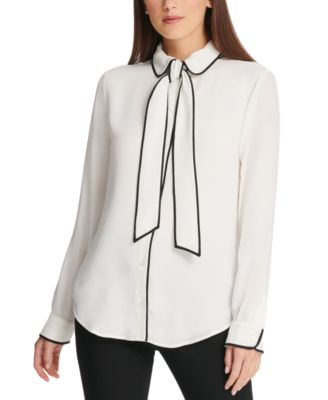 DKNY - Petite Piped-Trim Blouse