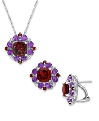 Macy's - 2-Pc. Set Garnet (9-7/8 ct. t.w.) & Amethyst (3-1/3 ct. t.w.) Halo Pendant Necklace & Matching Stud Earrings in Sterling Silver