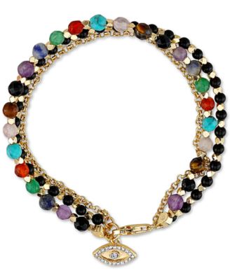 Unwritten - Triple Strand Multi-Bead Link Evil-Eye Charm in Gold-Tone Silver-Plate