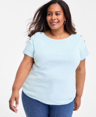 Style & Co - Plus Size Crewneck Button-Trim-Shoulder Cotton Top