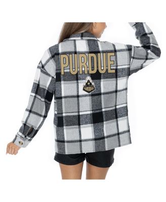 Gameday Couture - Women's Grey Purdue Boilermakers Long Sleeve Brushed Plaid Button-Up Overshirt Jacket