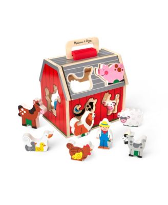 Melissa and Doug - Wooden Take-Along Sorting Barn Toy with Flip-Up Roof and Handle – 10 Wooden Farm Play Pieces