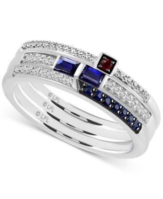 Wonder Fine Jewelry - 3-pc. Set Sapphire (1/3 ct. t.w.), Garnet Accent, & Diamond (1/6 ct. t.w.) Star Wars R2D2 Inspired Rings in Sterling Silver