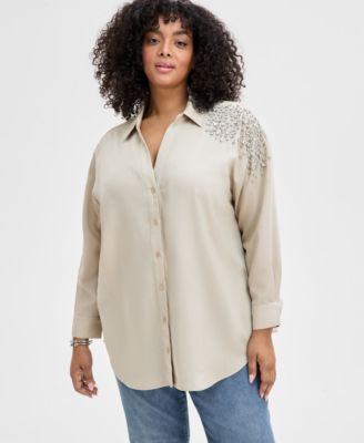 I.N.C. International Concepts - Plus Size Rhinestone-Shoulder Tunic Shirt