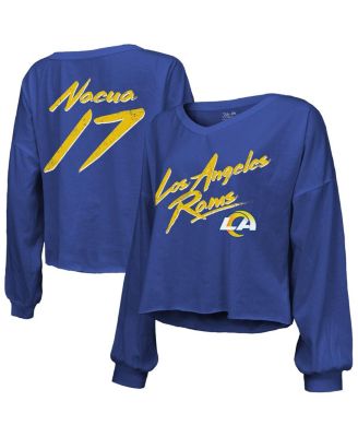 Majestic - Threads Women's Puka Nacua Royal Los Angeles Rams Off-Shoulder Script Player Name Number Cropped Long Sleeve V-Neck T-shirt