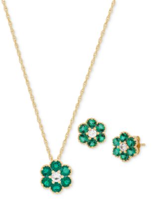 Macy's - 2-Pc. Set Lab-Created Emerald (1-3/8 ct. t.w.) & Lab-Created White Sapphire (1/3 ct. t.w.) Flower Pendant Necklace & Matching Stud Earrings in 14k Yellow Gold-Plated Sterling Silver