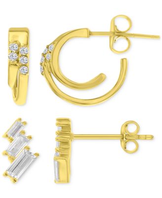 Macy's - 2-Pc. Set Cubic Zirconia Double Hoop & Graduated Baguette Stud Earrings in 14k Gold-Plated Sterling Silver