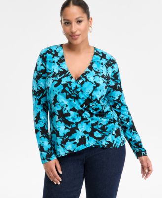 I.N.C. International Concepts - Plus Size Printed Long-Sleeve Surplice-Neck Top