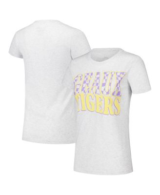 Image One - Women's Heather Gray LSU Tigers Checkered Team Name Wavy Tri-Blend T-Shirt