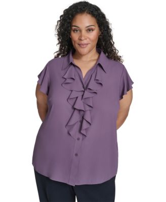 Calvin Klein - Plus Size Solid Cap Sleeve Ruffle Front Blouse