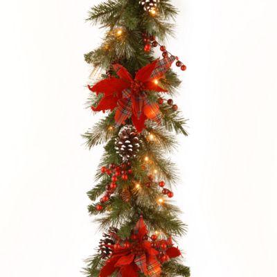 National Tree Company - National Tree 9' X 12" Decorative Collection Tartan Plaid Garland with Cones, Red Berries, Poinsettas and 50 Soft White Battery Operated LEDs with Timer