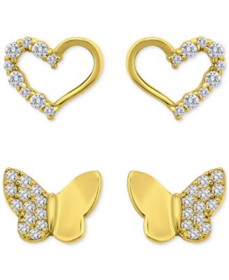 Giani Bernini - Cubic Zirconia Heart & Butterfly 2-Pc. Set Stud Earrings (1 ct. t.w.) in 18k Gold over Sterling Silver