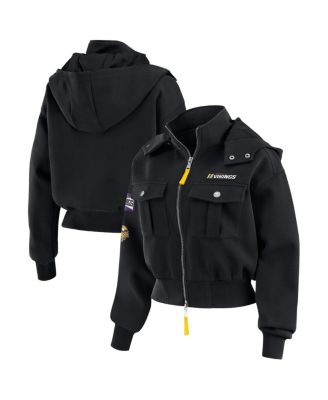 WEAR by Erin Andrews - Women's Black Minnesota Vikings Patch Pocket Cropped Full-Zip Bomber Jacket
