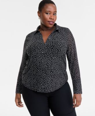 I.N.C. International Concepts - Plus Size Printed Collared Mesh Top