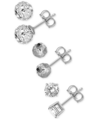 And Now This - 3-Pc. Set Cubic Zirconia, Hammered-Look and Crystal Ball Stud Earrings in Fine Silver-Plate