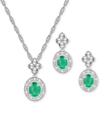 Macy's - 2-Pc. Set Emerald (7/8 ct. t.w.) & Diamond (1/20 ct. t.w.) Halo Pendant Necklace & Matching Drop Earrings in Sterling Silver (Also in Ruby, Sapphire, & Tanzanite)