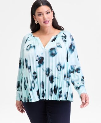 I.N.C. International Concepts - Plus Size Printed Pleated Split-Neck Blouse